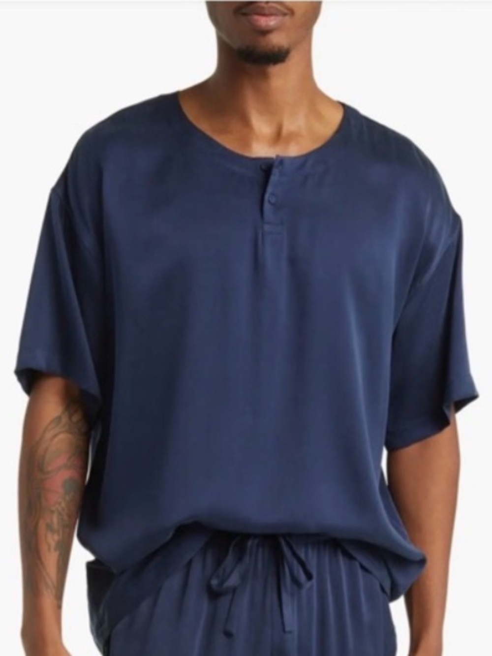 Lahgo Washable Silk Henley Sleep Shirt Mens Medium Navy Blue 100% Silk Top Lunya